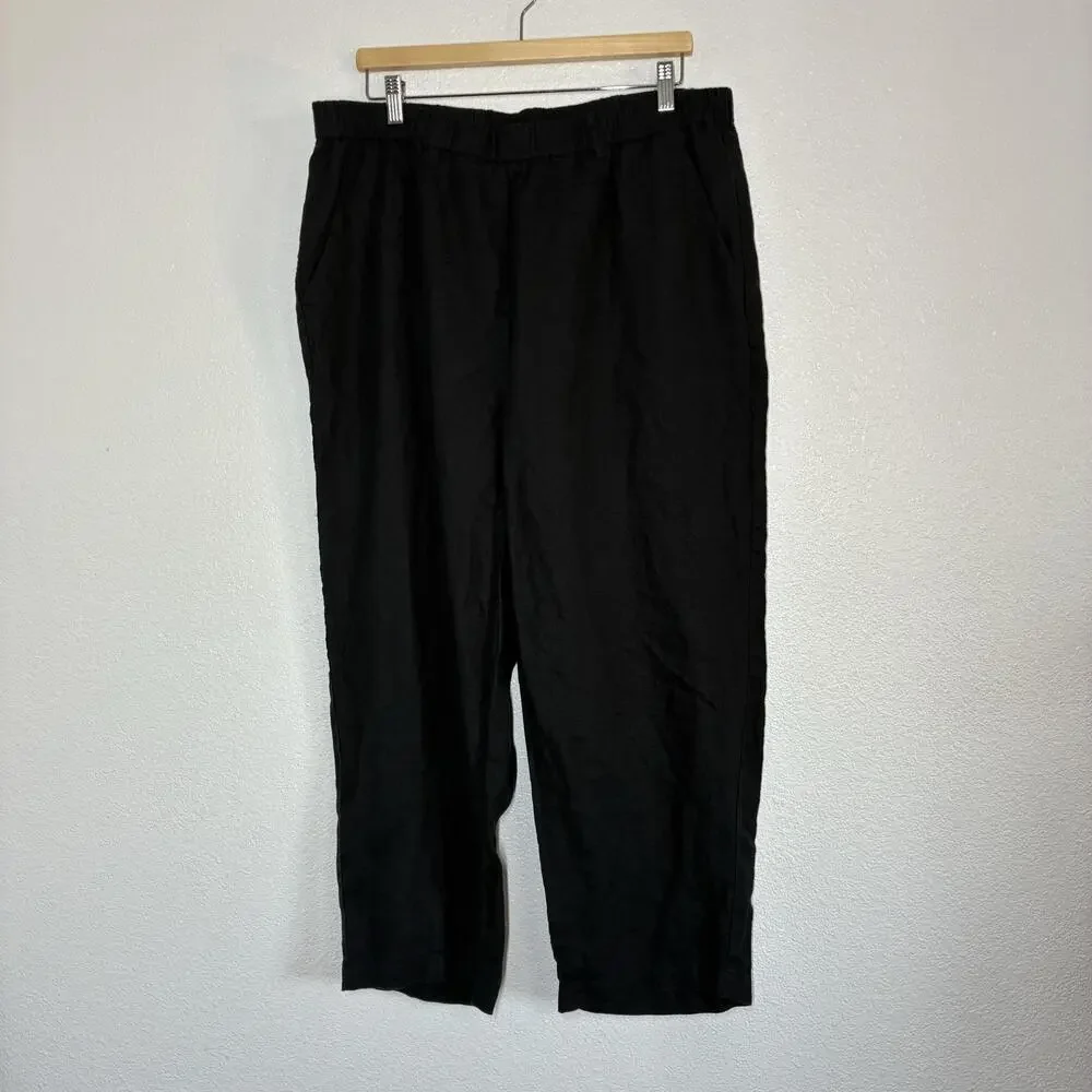 Quince Linen Pants Womens XL Black Wide Leg Elastic Waist Relaxed Pull On Casual